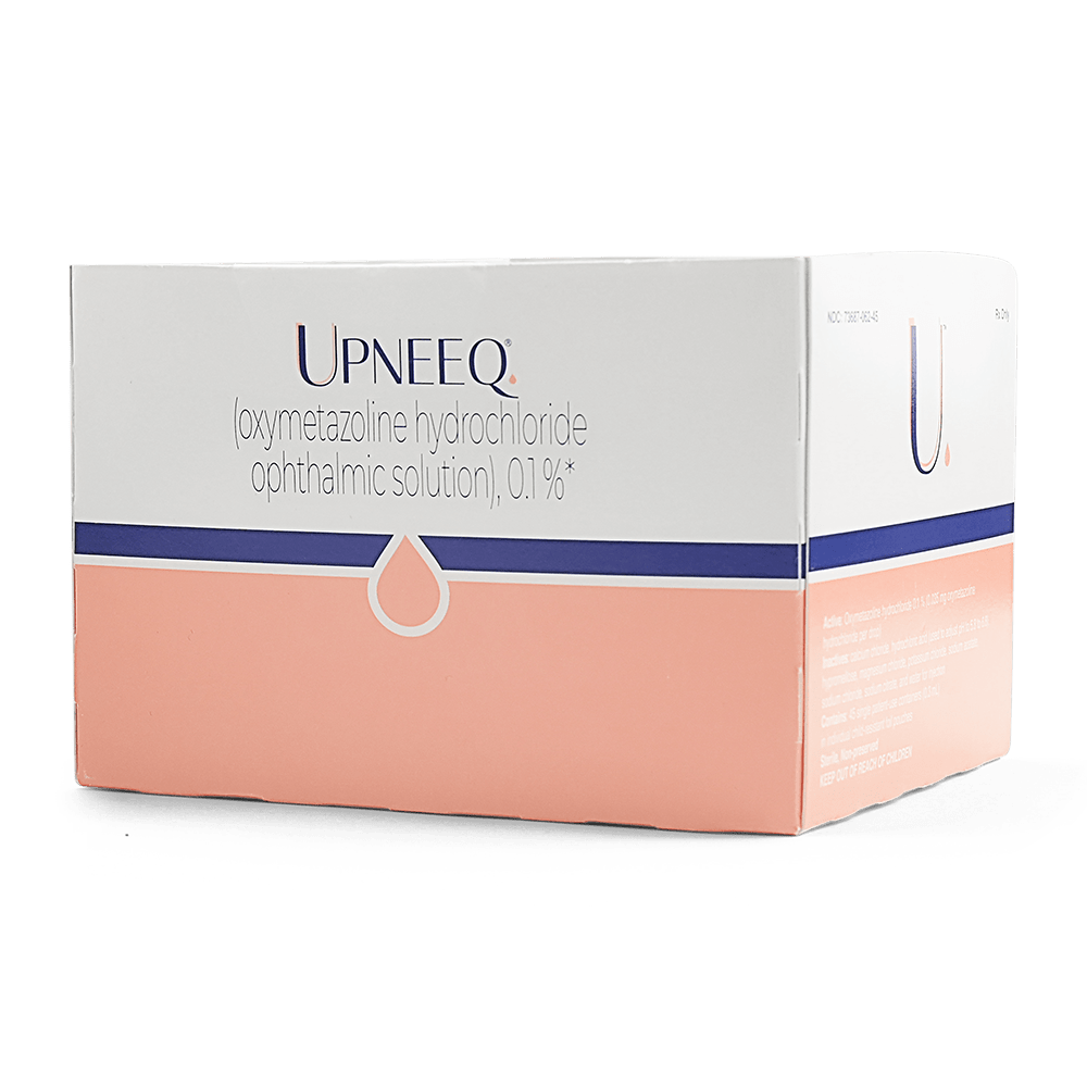 Close-up image of a box of Upneeq eye drops with a vibrant blue label.