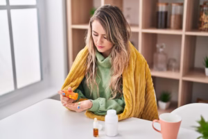 young woman taking pills home Seasonal Allergies