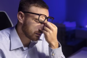 person working from home night with computer Treat Digital Eye Strain