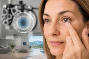 ChatGPT Image Aug 11 2026 09 37 09 PM Middle-aged woman wearing multifocal contact lenses for near, intermediate, and distance vision