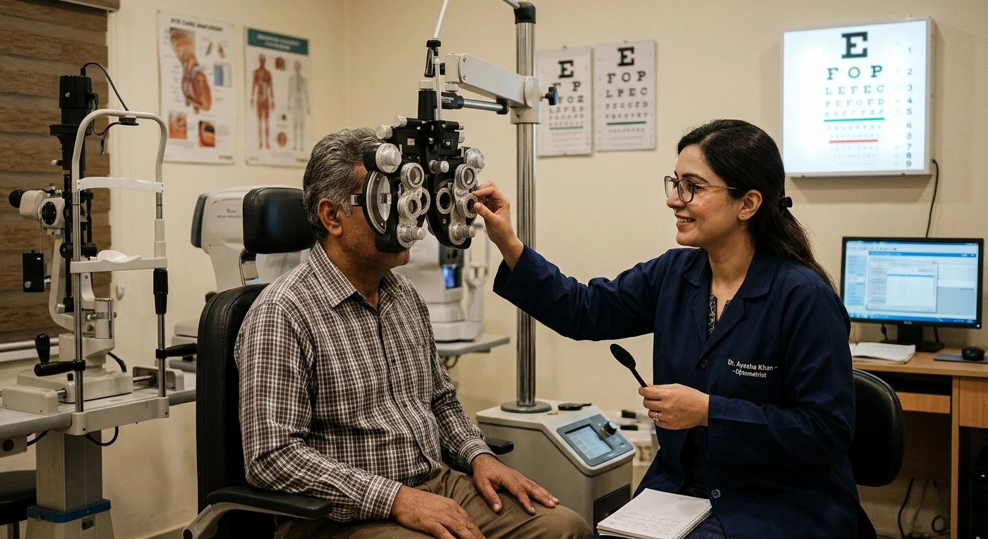 Comprehensive eye exam showing an optometrist examining a patient using a phoropter.