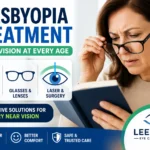 Presbyopia treatment showing eye drops glasses and laser vision correction solutions