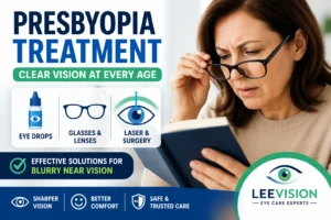 Presbyopia treatment showing eye drops glasses and laser vision correction solutions