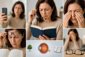 presbyopia symptoms showing eye strain and blurry near vision while reading