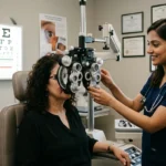 Comprehensive eye exam being performed by an eye doctor on a patient.