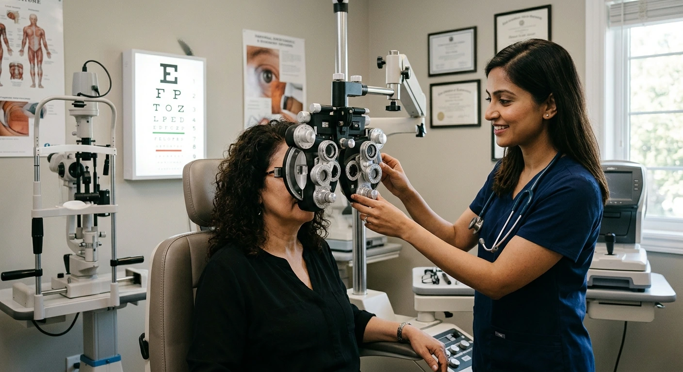 Comprehensive eye exam being performed by an eye doctor on a patient.