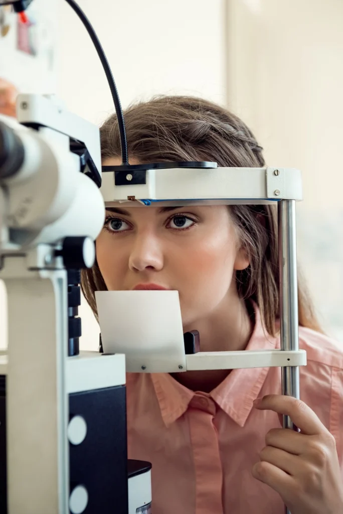A patient undergoing a professional vision test to determine how long does an eye exam take at a specialist clinic.