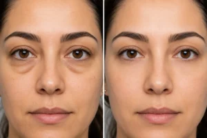 before and after under eye bags treatment showing natural smooth results by oculoplastic surgeon in clinical aesthetic procedure comparison image before and after under eye bags treatment showing natural smooth results by oculoplastic surgeon in clinical aesthetic procedure comparison image
