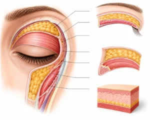eyelid anatomy diagram showing muscles fat pads and skin layers in detailed oculoplastic surgeon educational illustration for blepharoplasty and eye surgery understanding eyelid anatomy diagram showing muscles fat pads and skin layers in detailed oculoplastic surgeon educational illustration for blepharoplasty and eye surgery understanding