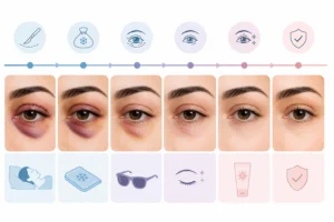 eyelid surgery recovery timeline infographic showing healing stages from day 1 to week 3 with minimal medical design and soft clinical visuals eyelid surgery recovery timeline infographic showing healing stages from day 1 to week 3 with minimal medical design and soft clinical visuals