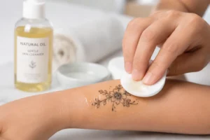 gentle temporary tattoo removal process using skincare oil and cotton