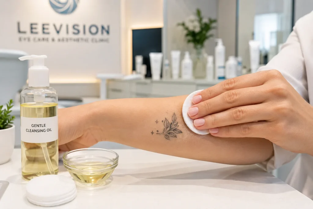 how to remove temporary tattoos using gentle cleansing oil and cotton pad in skincare clinic