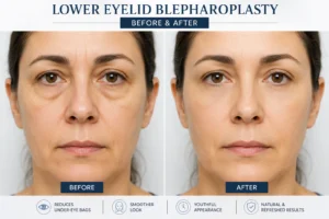 lower eyelid blepharoplasty before and after results showing visible reduction in under eye bags and smoother skin