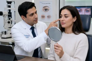 oculoplastic surgeon consultation with patient discussing eyelid concerns using mirror in modern eye clinic for personalized eye treatment planning oculoplastic surgeon consultation with patient discussing eyelid concerns using mirror in modern eye clinic for personalized eye treatment planning