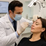 oculoplastic surgeon examining patient eyelids in modern eye clinic for blepharoplasty consultation and eye rejuvenation treatment