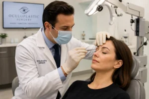 oculoplastic surgeon examining patient eyelids in modern eye clinic for blepharoplasty consultation and eye rejuvenation treatment