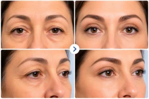 upper eyelid surgery comparison image highlighting blepharoplasty results for sagging eyelids and under eye bags in clinical photography style