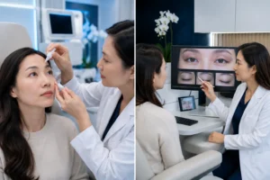 ChatGPT Image Jul 1 2026 12 28 26 AM Upneeq eye drops vs. eyelid surgery consultation with a board-certified ophthalmologist comparing non-surgical ptosis treatment and blepharoplasty in a modern eye clinic.