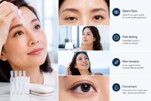 ChatGPT Image Jul 1 2026 12 39 01 AM Patient experiencing the benefits of Upneeq eye drops for acquired ptosis with brighter, more open eyes after non-surgical eyelid treatment in a modern ophthalmology clinic.