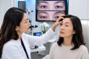 ChatGPT Image Jul 1 2026 12 48 14 AM Board-certified ophthalmologist examining an adult patient with common symptoms of acquired ptosis, including a drooping upper eyelid, in a modern ophthalmology clinic.