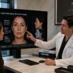 NYC aesthetic clinic consultation showing doctor explaining facial anatomy and skin tightening treatment to patient using diagram.