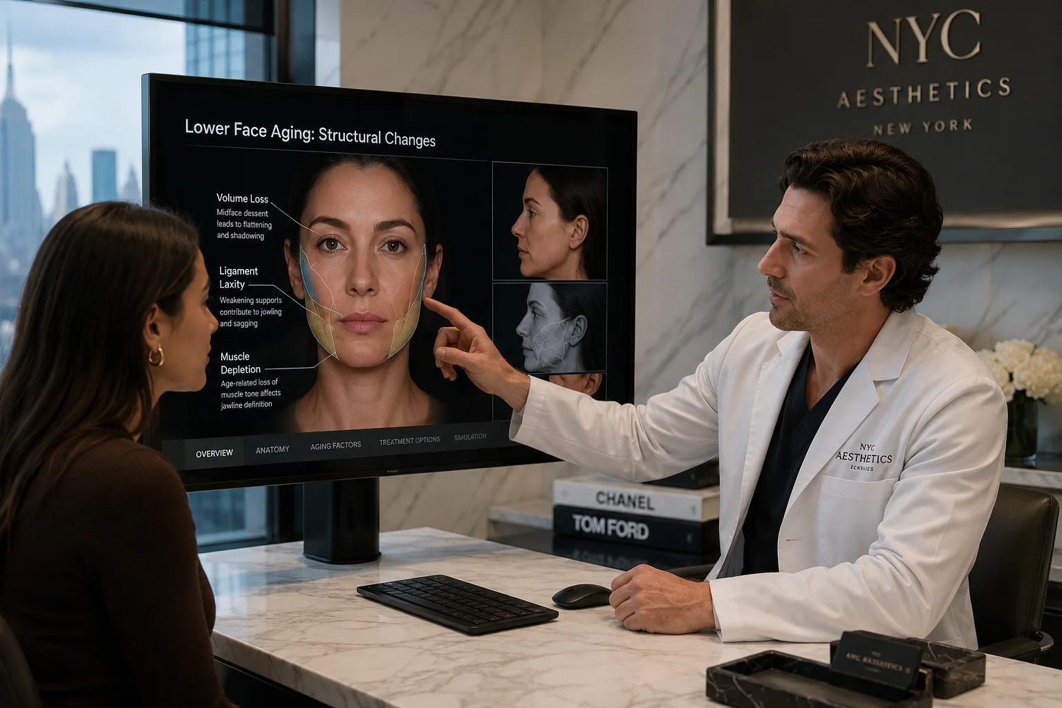 ChatGPT Image Jun 12 2026 01 08 00 AM NYC aesthetic clinic consultation showing doctor explaining facial anatomy and skin tightening treatment to patient using diagram.