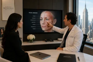 Modern NYC aesthetic clinic consultation showing doctor explaining facial anatomy and skin tightening options using a facial diagram.