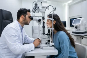 Senior patient receiving primary eye care services
