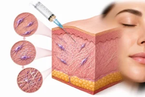 Comparison showing youthful facial volume and age-related collagen loss.