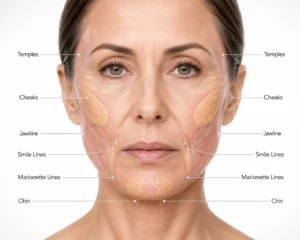 Common facial treatment areas for collagen stimulating injections.