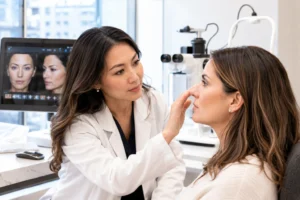 Board-certified ophthalmologist consulting a patient about collagen stimulating injections in Flushing, Queens, New York.