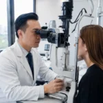 Board-certified ophthalmologist performing a comprehensive eye exam using an advanced eye exam machine in Flushing, Queens.