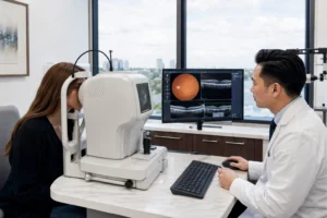 ChatGPT Image Jun 29 2026 10 26 12 PM Patient receiving an OCT retinal scan with an advanced vision testing machine during a comprehensive eye examination.