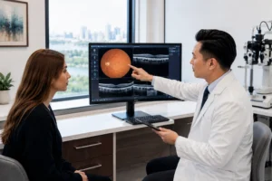 ChatGPT Image Jun 29 2026 11 04 02 PM Board-certified ophthalmologist discussing personalized eye care and eye exam results with a patient in Flushing, Queens.