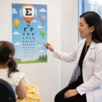 Eyesight test hot air balloon chart used during a pediatric eye exam in a modern New York City eye clinic