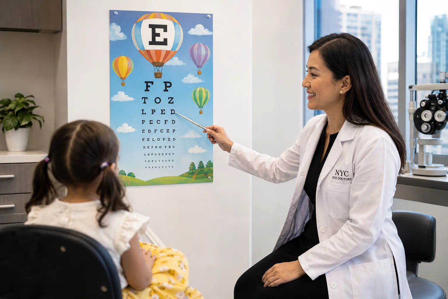 ChatGPT Image Jun 3 2026 06 02 11 AM Eyesight test hot air balloon chart used during a pediatric eye exam in a modern New York City eye clinic