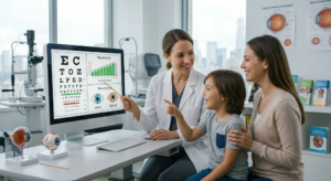Untitled design 7 Eye doctor reviewing vision screening results with a child and parent