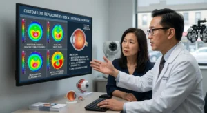 Board-certified ophthalmologist explaining the risks and limitations of custom lens replacement surgery at LeeVision in Flushing Queens NYC