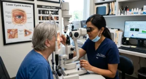5e7bcba6 f8cb 430d 80a3 4852119971de Board-certified ophthalmologist examining lower eyelid anatomy.