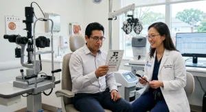 610d360f 3cd3 404c b95c 3326135b7265 Ophthalmologist performing a near vision examination before prescribing presbyopia eye drops