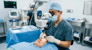 Board-certified ophthalmologist performing custom lens replacement surgery 
