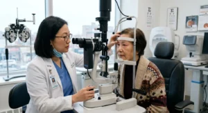 9ddb7bf4 34eb 43c5 b367 ea274a2678b0 Patient discussing the best drops for dry eyes after cataract surgery during an eye examination