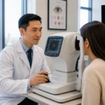 Board-certified ophthalmologist using a vision test machine during a comprehensive eye exam in Flushing, Queens