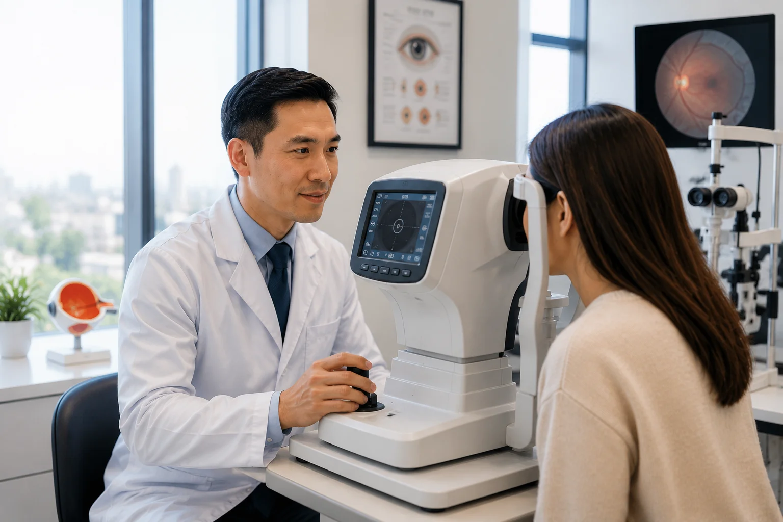 ChatGPT Image Jul 10 2026 01 00 16 AM Board-certified ophthalmologist using a vision test machine during a comprehensive eye exam in Flushing, Queens