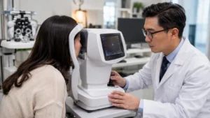 ChatGPT Image Jul 10 2026 01 08 40 AM Board-certified ophthalmologist performing a comprehensive eye examination using a modern digital vision test machine on an adult patient in a premium eye clinic in Flushing, Queens, NYC