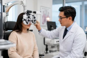 ChatGPT Image Jul 10 2026 01 18 16 AM Adult patient undergoing a binocular vision test with a board-certified ophthalmologist using advanced eye examination equipment in a modern ophthalmology clinic in Flushing, Queens, NYC