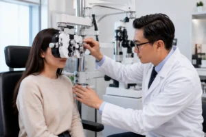 ChatGPT Image Jul 10 2026 01 24 44 AM Board-certified ophthalmologist performing an advanced binocular vision dysfunction (BVD) test to evaluate eye alignment, focusing ability, and double vision in a modern ophthalmology clinic in Flushing, Queens, NYC