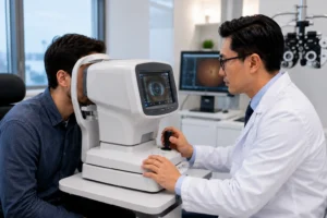 ChatGPT Image Jul 10 2026 03 06 58 AM Modern digital eye exam machine measuring vision accuracy during a comprehensive eye examination by a board-certified ophthalmologist in a premium ophthalmology clinic in Flushing, Queens, NYC