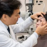 Board-certified ophthalmologist examining a patient with heavy upper eyelids before upper blepharoplasty during a comprehensive eye evaluation in a modern ophthalmology clinic in Flushing, Queens