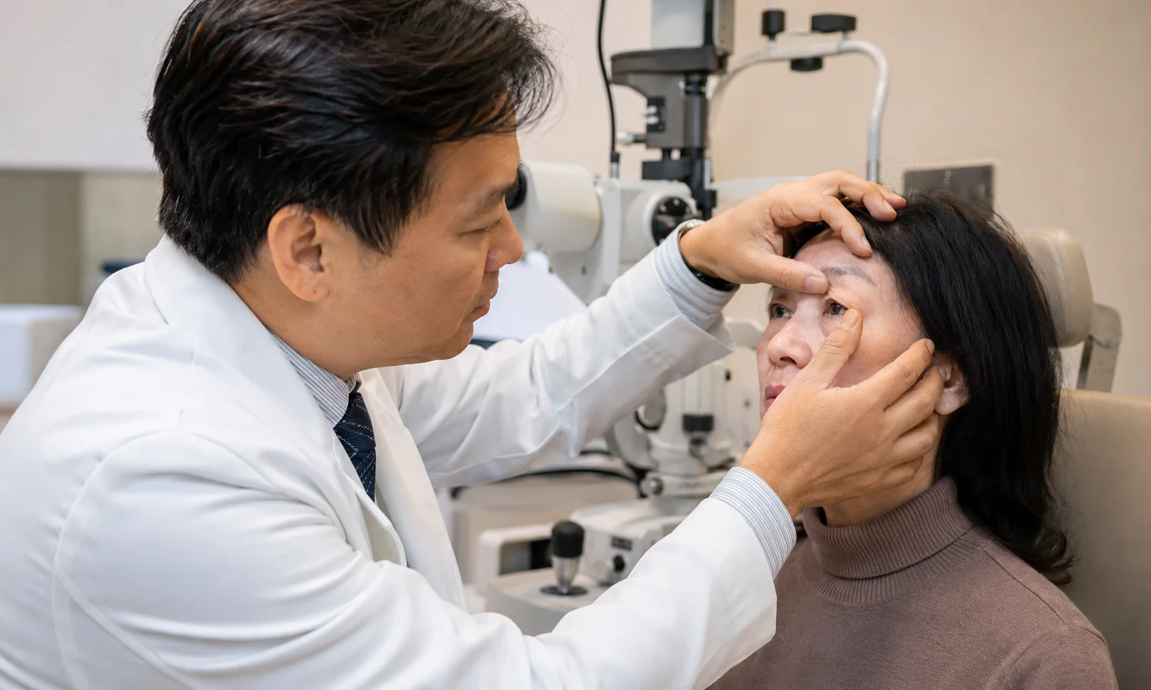 ChatGPT Image Jul 10 2026 11 25 13 PM Board-certified ophthalmologist examining a patient with heavy upper eyelids before upper blepharoplasty during a comprehensive eye evaluation in a modern ophthalmology clinic in Flushing, Queens